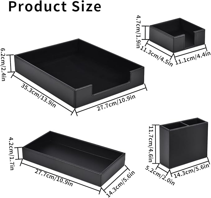 4 Pack Leather Office Supplies/Desk Organizer for Letter Paper Tray,Sticky Note Holder,Pen Cup,Stackable Small Letter Mail Sorter Tray,Workspace Decor for Women Men (Black, 4-piece set)