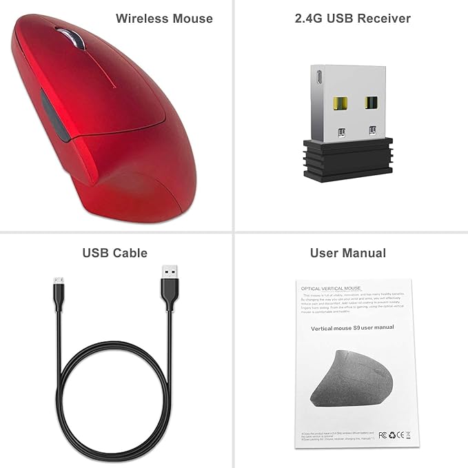 Vassink Ergonomic Rechargeable Wireless Mouse, 2.4Hz Rechargeable Wireless Vertical Optical Mice with USB Receiver, 6 Buttons, 800/1200/1600 DPI RED