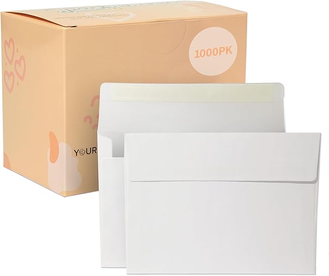 Pack It Chic - A7 White Envelopes 5 1/4" X 7 1/4" (1000 Count) Self Seal Envelopes for Wedding Invitations, Save the Date Cards, Graduation, Baby Shower, Photos, Greeting Cards, Mailings