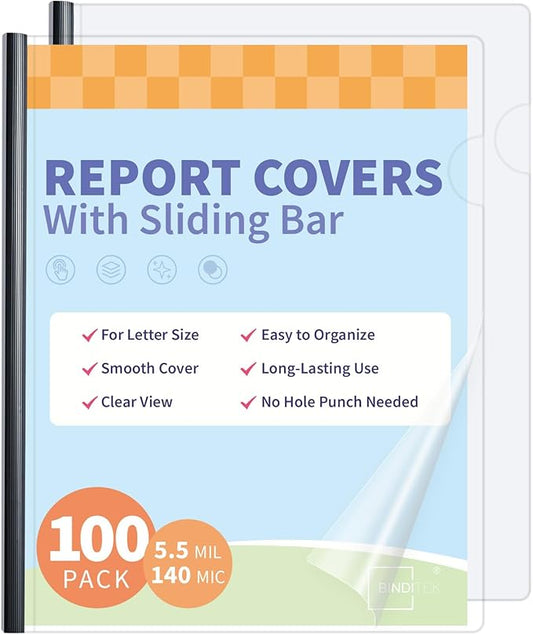 Binditek 100 Pack Clear Report Covers with Sliding Bars, 25 Sheet Capacity, 5mm Binding Bars, Letter Size, 5.5 Mil Thick, Black, for Students and Coworkers