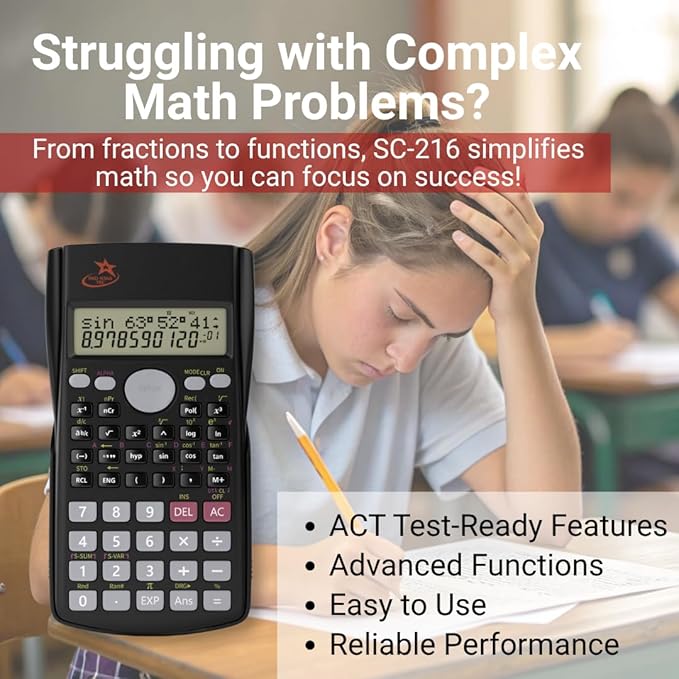 SC 216 Non Graphing Scientific Calculator for School by Red Star Tec – Black Math Calculator with 240 Functions, SAT Exam Ready, 2-Line Display, Trigonometry, Algebra & Statistics Support