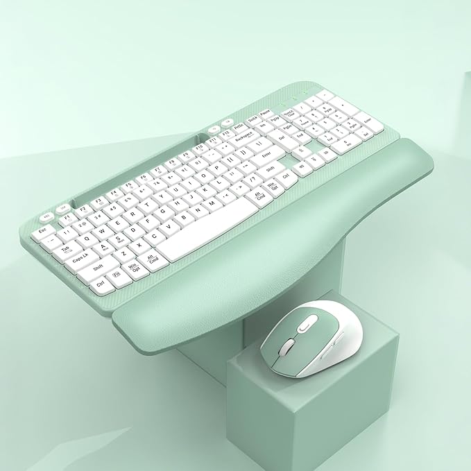 Wireless Keyboard and Mouse Combo, Wave Keys Full-Sized Ergonomic Keyboard with Cushioned Plam Rest, Phone Holder, Comfortable Natural Typing, 2.4G Cordless Set for Computer, Laptop, PC, Mac, Windows