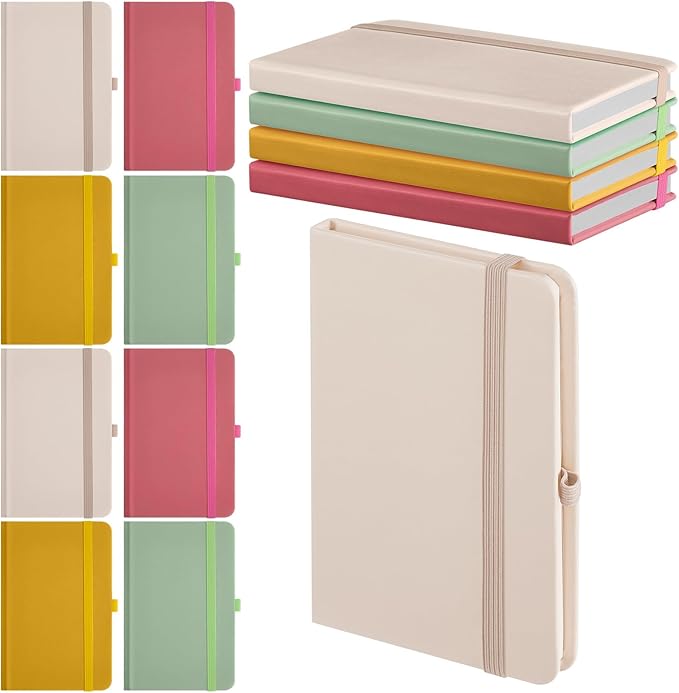 Laumoi 12 Pieces Small Notebooks A6 Pocket Journals 3.5 x 5.5 Inch Small Leather Notebook Mini Ruled Lined Journal with Elastic Band Pen Holder Page Marker Ribbons (Bright Colors)