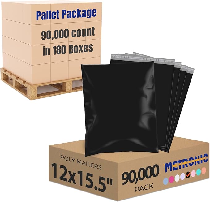 Metronic Poly Mailers 90000 Pack 12 x 15.5, Strong Adhesive Shipping Envelopes for Clothing, Waterproof Shipping Bags for Businesses, Flexible Mailers Poly Bags, Packages Bags Bulk, Black