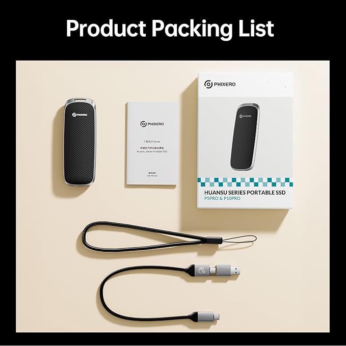 PHIXERO P10PRO External NVMe SSD 256GB, Up to 1050MB/s, USB 3.2 Gen2, Includes 2-in-1 USB C Cable, Portable Hard Drive for iPhone 15+/Android/Windows/Mac, Black