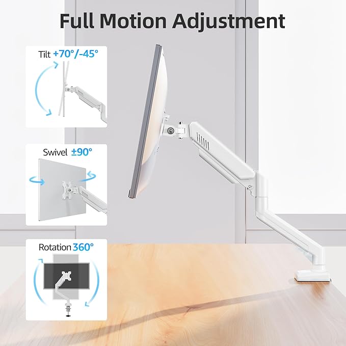 Monitor Arm for 13-32 inch Screens, Monitor Desk Mount, Adjustable Height, VESA Mount with Clamp & Grommet Bases, Freelift White