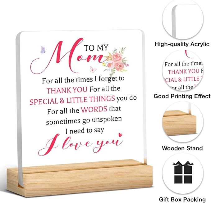 Mother's Day Gifts for Mom from Son Daughter I Love You Thank You Mom Birthday Gifts Office Desk Decor for Home Acrylic Sign Christmas Gift