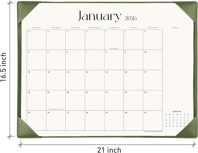 Simplified Desk Calendar 2026 with Desktop Mat, Cabbrix Large Desk Pad Calendar 21" x 16-1/2" Including January 2026 to December 2026, Desk Blotter Calendar for Home School and Office (Mint Green)