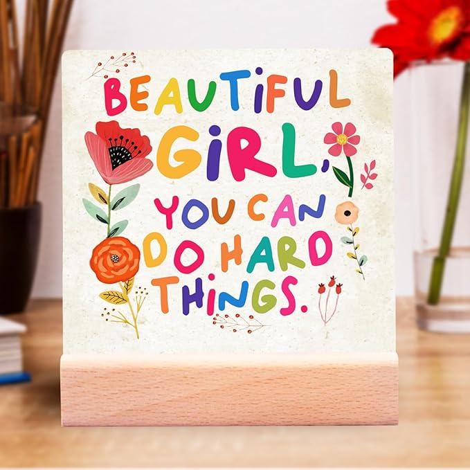Inspirational Gifts for Teen Girls Women Birthday Christmas-Encouragement Gift Cheer Up Gifts for Friends-Motivational Sign Ceramic Plaque-Beautiful Girls You Can Do Hard Things Sign