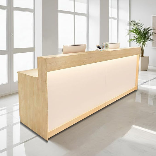 Modern Reception Desk Front Desk with LED Strip Lighting, Lockable Drawers, and Versatile Storage for Office, Checkout (White Maple/Regular Type, 86.61" L*23.62" W*39.37" H)