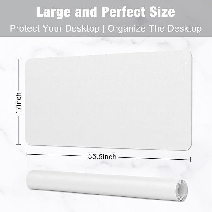 Hsurbtra Desk Pad, 35.5" x 17" PU Leather Desk Mat, XXL Extended Mouse Pad, Waterproof Desktop Blotter Protector, Non-Slip Ultra Thin Large Laptop Keyboard Writing Mat for Office Home, White