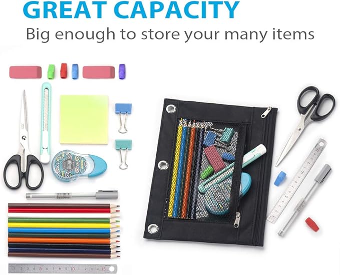 Sooez Pencil Pouch for 3 Ring Binder, 2 Pack Fabric Binder Pouch with 2 Pockets, Pencil Bags with Zipper and Reinforced Grommets, Pencil Cases for Binder