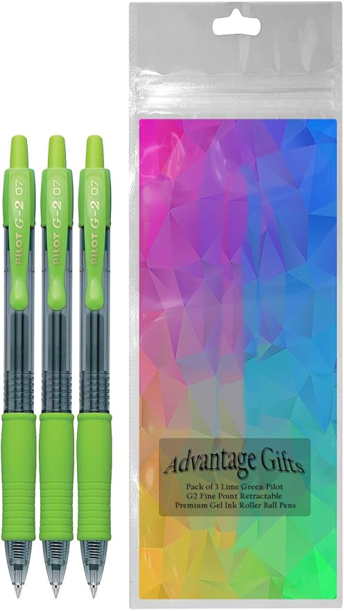 G2 Retractable Premium Gel Ink Roller Ball Pens Fine Point Fine Point (.7mm) Lime Ink 3-pk; Refillable & Premium Comfort Grip Bundle with Plastic Reusable Pouch