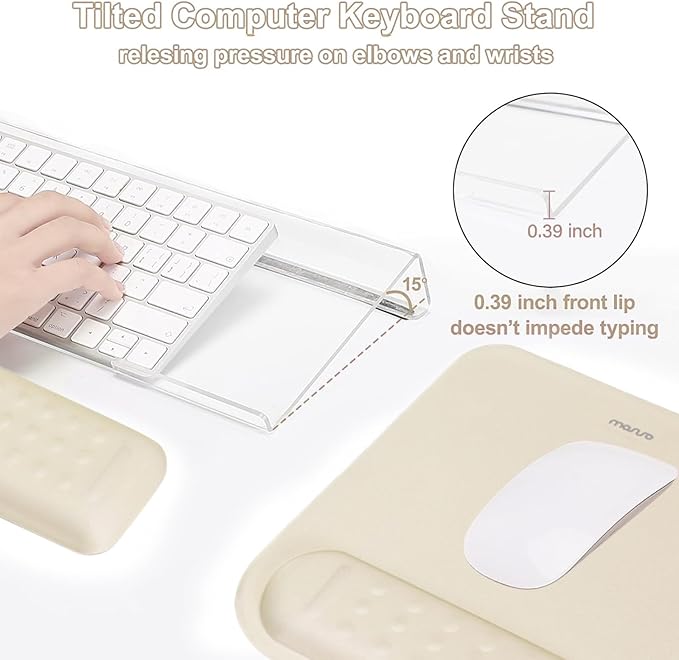 MOSISO Computer Keyboard Stand&Wrist Rest Support for Keyboard &Mouse Pad Set, Ergonomic Massage Wrist Rest Set, Easy Typing Working Acrylic Clear Stand for Office Home, Khaki