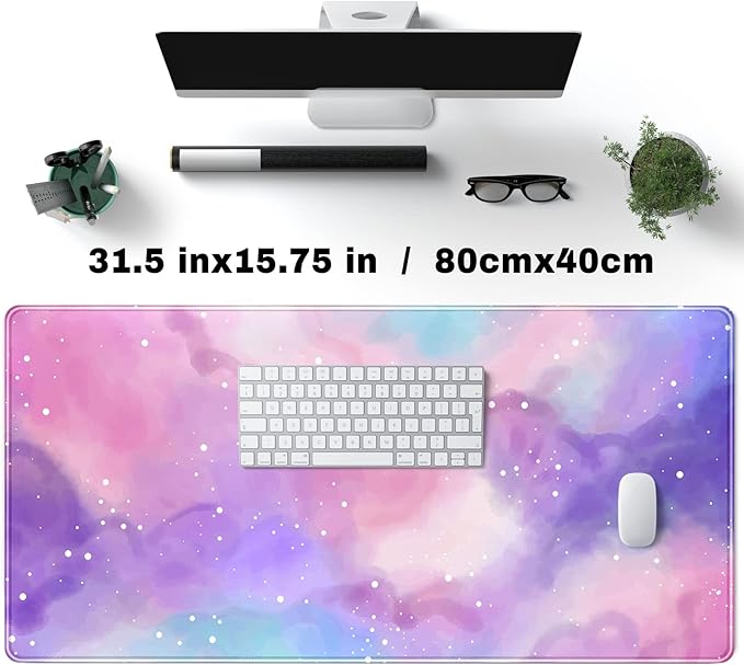 Desk Pad Purple Starry Sky Cute Gaming Mouse Pad Galaxy Gamer Girl Cute Pink Desk Decor Keyboard Desk Mat, Stitched Edges Desktop with Stitched Edges Non-Slip Large Computer Mat 31.5x15.7 in