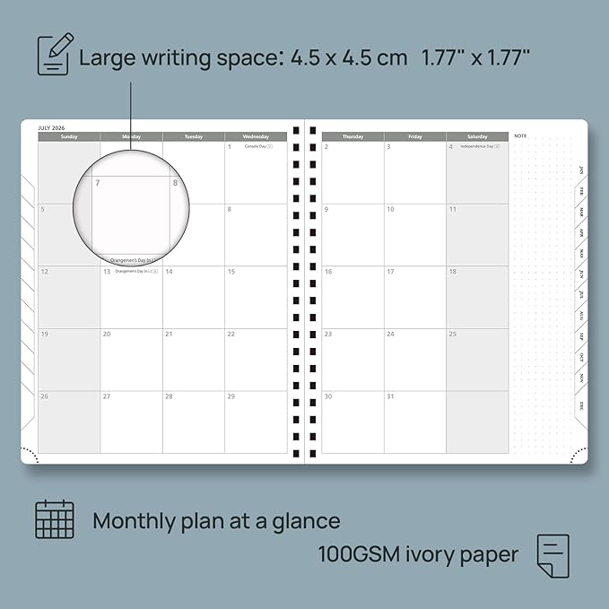 POPRUN 2026 Planner Weekly Notebook Calendar (Jan-Dec), Large Size 8.5'' x 10.5'' - Agenda 2026 Appointment Book with Monthly Tabs, Inner Pocket, Spiral Soft Cover, 100 GSM - Royal Blue