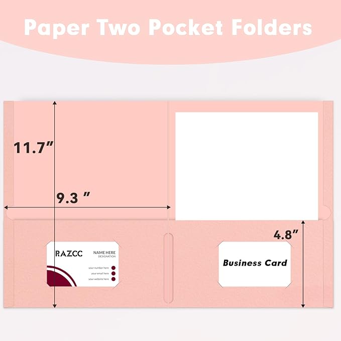Two Pocket Folders, RAZCC 50 Pack 2 Pocket Folders Fit Letter Size Paper, Paper Folders with Pockets for School Office Business Home (Pink)