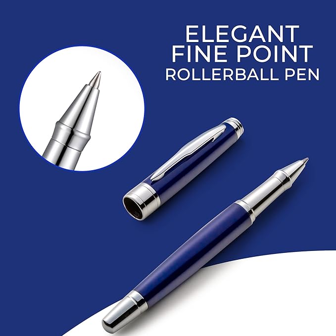 ZenZoi Executive Pen – Elegant Blue Rollerball Pen. Premium Fine Point Smooth Writing Roller Pen Gel Ink. Fancy, Luxury Pen for Men, Women. Refillable, Business, High End Pen Gift Set