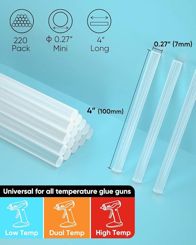 SHALL Mini Hot Glue Sticks, 0.27” Dia x 4” Long, 220-pack Clear Hot Melt Glue Gun Sticks for All-temp Mini Glue Guns, Multipurpose for Kids Adults DIY Art Craft Sealing Repairing Festival Decoration