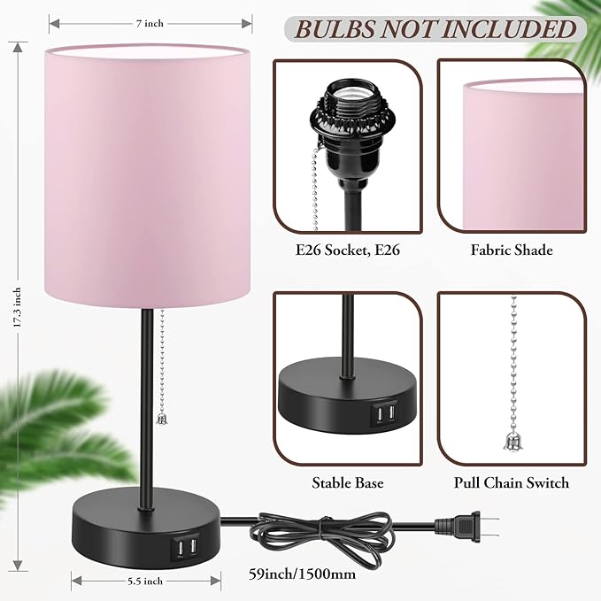 Table Lamps Set of 2 with USB Charging Ports, Pink Bedside Lamps with AC Outlet, Nightstand Lamps with Pull Chain Switch, Minimalist Modern Desk Lamps with Fabric Shade for Living Room Bedroom Office