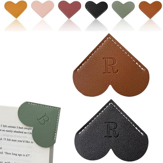 Personalized Leather Heart Bookmark, 26 Letters Customized Corner Book Mark for Reading Women, Book Marker with Initials，Cute Gifts (Black+Dark Brown, R)