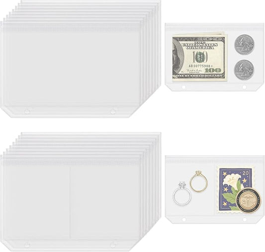 16 Pack Zippered Binder Pocket Sleeves for A7 Binder - Frosted Zipper Pouch Set Photo Card Jewelry Storage Organizer Binder Insert Refill Cash Saving Pages Protector Loose Leaf Bag (2-Hole)