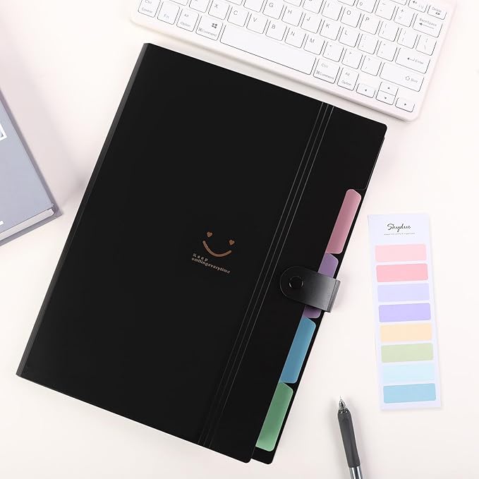 SKYDUE Expanding File Folder with 5 Pockets, Cute Accordion File Organizer, Letter Size Filing Folder, Portable Paper Organizer, School Office Supplies Black