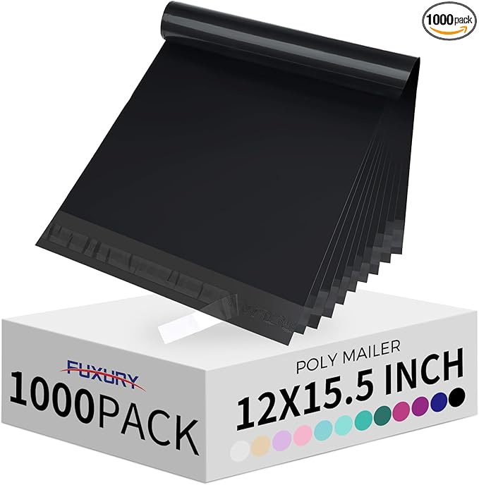 Fuxury 12x15.5" 1000pcs Shipping Bags Poly Mailers for Clothing,Waterproof Shipping Bags for Clothing, Strong Adhesive Shipping Envelopes for Small Business, Black
