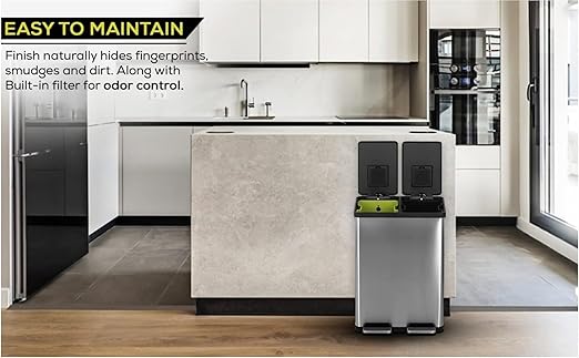 SIMPLI-MAGIC 16 Gallon (38L x 22L) Dual Compartment Step Trash Can – Kitchen Garbage Can with Waste & Recycling Bins – Slow-Close Lid, Odor Control, Hands-Free, Inner Bases, Brushed Stainless Steel