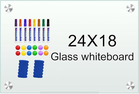 H-Qprobd White Board 24”x18“ Magnet Dry Erase Boards Frameless Magnetic Glass Whiteboard for Wall, Wall Mounted Whiteboard Includes 12 Magnets, 8 Markers and 2 Erasers