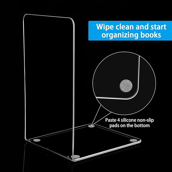 10 Pieces Book Ends, Clear Acrylic Bookends for Shelves, Heavy Duty Book Holders, Non Skid Decorative Bookends for School, Library, Bedroom, Office (7.28 x 4.7 x 4.7in)