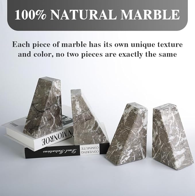 Koville Marble Bookends for Shelves, Large Bookends for Heavy Books, Natural Stone Book Stopper for Books CD Movies, Aesthetic Decorative Book Ends, Bookshelf Table Home Decor(Grey)