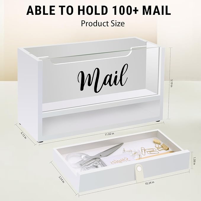Two-Layer Solid Wooden Mail Storage Organizer Holder with Clear Acrylic Top and Bottom Drawer, Leather Handle, Keeping Mail, Bills, Letters, Cards and Office Supplies in One Place, Home Decor Gifts