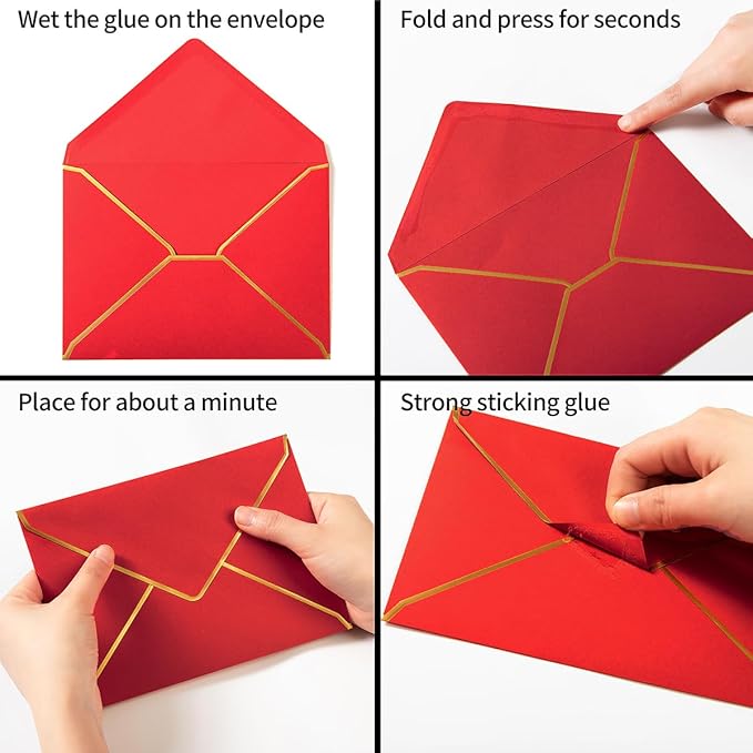 100 Pack Red A7 Envelopes 5 x 7 Card Envelopes with Gold Border for Office, Wedding Gift Cards, Invitations, Graduation, Baby Shower, Parties (5.32 x 7.28 Inches)