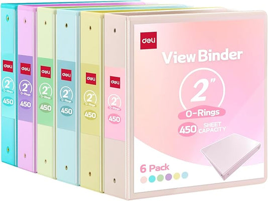 Deli 2-inch 3 Ring Binder with 2 Interior Pockets, 450 Sheets Capacity, 2 inch Binders fits 11" x 8.5" US Letter Size, Assorted 6 Pastel Colors, 6 Pack