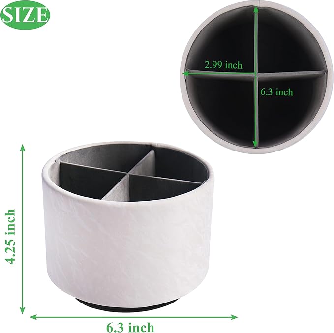 Hennaja Round Leather Art Supply Organizer,Remote Control Holder,360 Degree Spinning,Multi-Functional Pencil Holder,4 Compartments Desktop Stationary Organizer(1-Hill White)