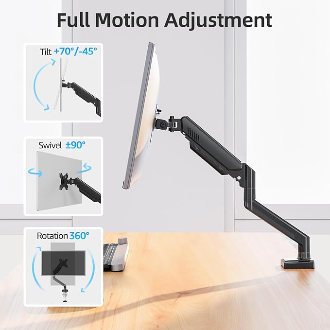 Monitor Arm for 13-32 inch Screens, Monitor Desk Mount, Adjustable Height, VESA Mount with Clamp & Grommet Bases, Freelift Black