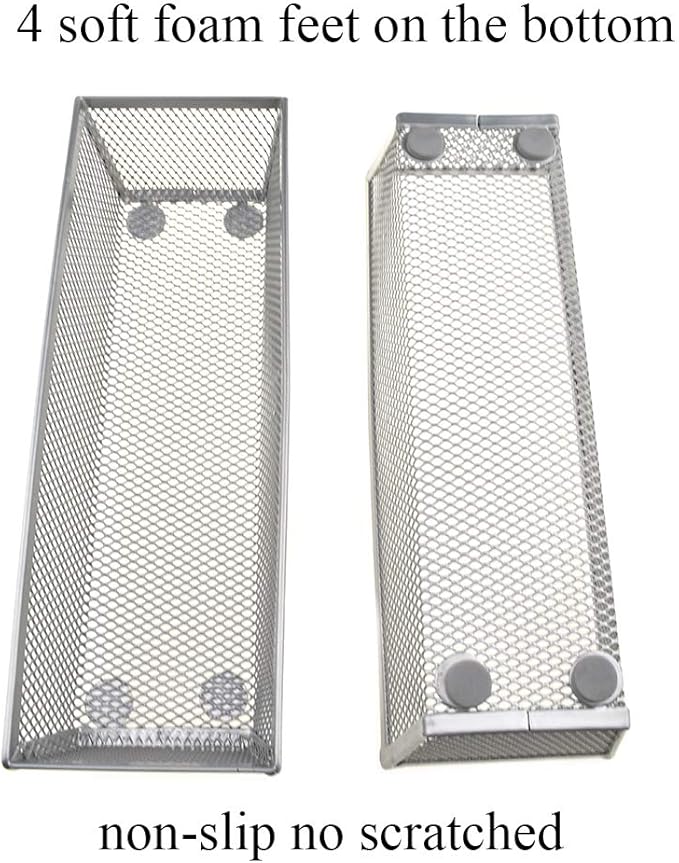 HAHIYO Stackable Mesh Tray Cup 9 x 3 x 2 inches Sturdy Container for Desk Drawer Organizer Collection for Home Office School kitchen Soft Foam Feet No Sharp Edges 2 Pack Silver
