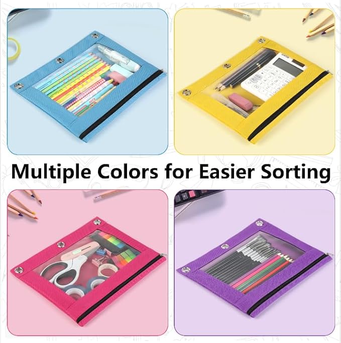 Forvencer 12 Pack Pencil Pouches for 3 Ring Binder, Smooth Zipper 3 Ring Binder Pencil Pouch, Multi-Color Pencil Case for Binder, Clear Top Binder Pencil Pouch, Pencil Bag with 3 Re-enforced Grommets