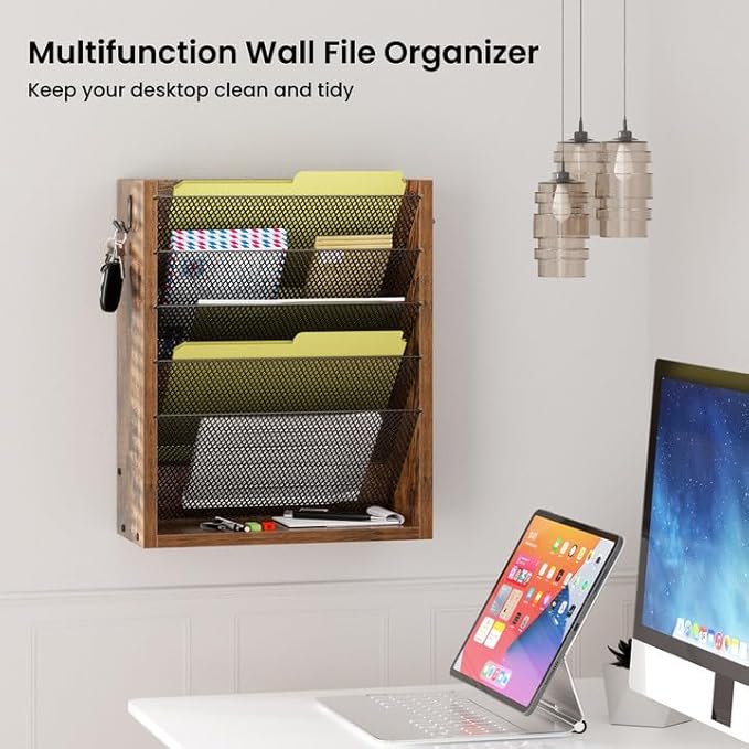 Hanging Wall File Organizer, 6 Tier Wood Wall File Holder with 2 Hooks, Mail Organizer Wall Mounted with Bottom Flat Tray, Vertical Paper Desk Storage for Office, Home, Rustic Brown