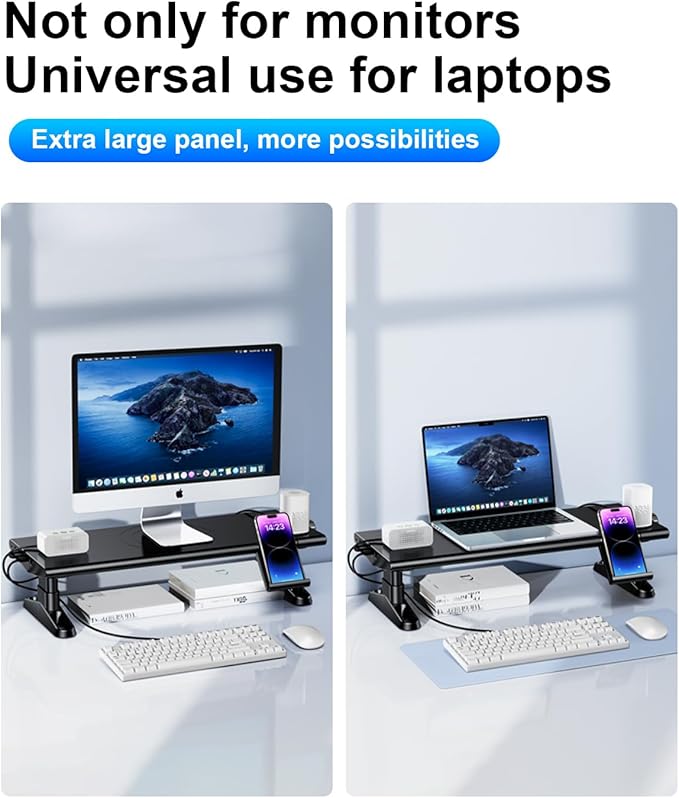 Computer Monitor Stand Riser for Desk with Usb Hub Charging,30W/5Gbps Usb C Docking Station with Power,4.5-6.3''Freely Height Adjustable with Phone Holder,Monitor Stands Riser for PC,Laptop,Printer,TV