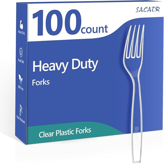 SACATR 100 Count Disposable Plastic Forks,Heavy Duty Plastic Forks, Clear Plastic Silverware, BPA-Free, Heat Resistant, Suitable for Parties, Events and Everyday Use
