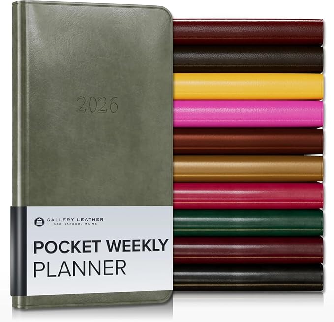 Gallery Leather Pocket Weekly Monthly Planner 2025-2026, Elegantly Bound Calendar Planner and Notebook with Stylish Gold-Gilded Page Edges, 12 Months - Acadia Cactus - 6 x 3.25 "