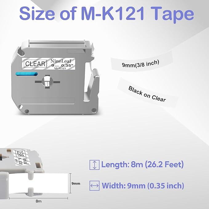 NineLeaf 4 Pack Compatible for Brother P-Touch M Label Tape MK121 M-K121 M121 Black on Clear 3/8" (9mm) x 26.2ft (8m) Labeling Refill Cartridge Work in PT-45M PT-65 PT-70 PT-80 PT-M95 Label Maker