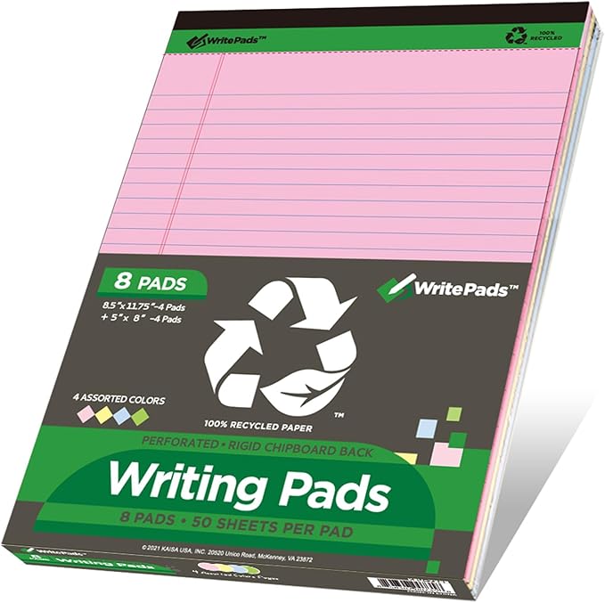 KAISA Colored Legal Pad 15lb Recycled Paper Writing Pad, 4pcs 5"x8" Narrow Ruled and 4pcs 8.5x11 inch Wide Ruled, 50 Sheets, Mixed 8pads, KSU-7358