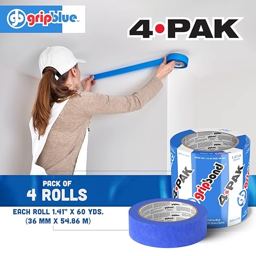 Blue Painters Tape 1.5 Inch Wide, 4 Rolls Masking Tape - Perfect for Precise Lines on Walls & Trim, Multi-Surface, Residue-Free, Easy Removal - Ideal for Indoor & Outdoor Use, 1.41in x 60yds