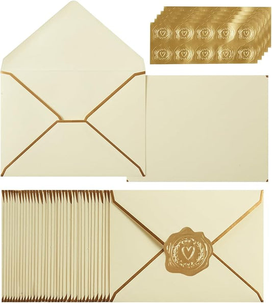 100 Pack A7 Envelopes 5 x 7 Card Envelopes V Flap with Gold Border for Office, Wedding Gift Cards, Invitations, Graduation, Baby Shower, Parties (Cream Color, 5.32 x 7.28 Inches)