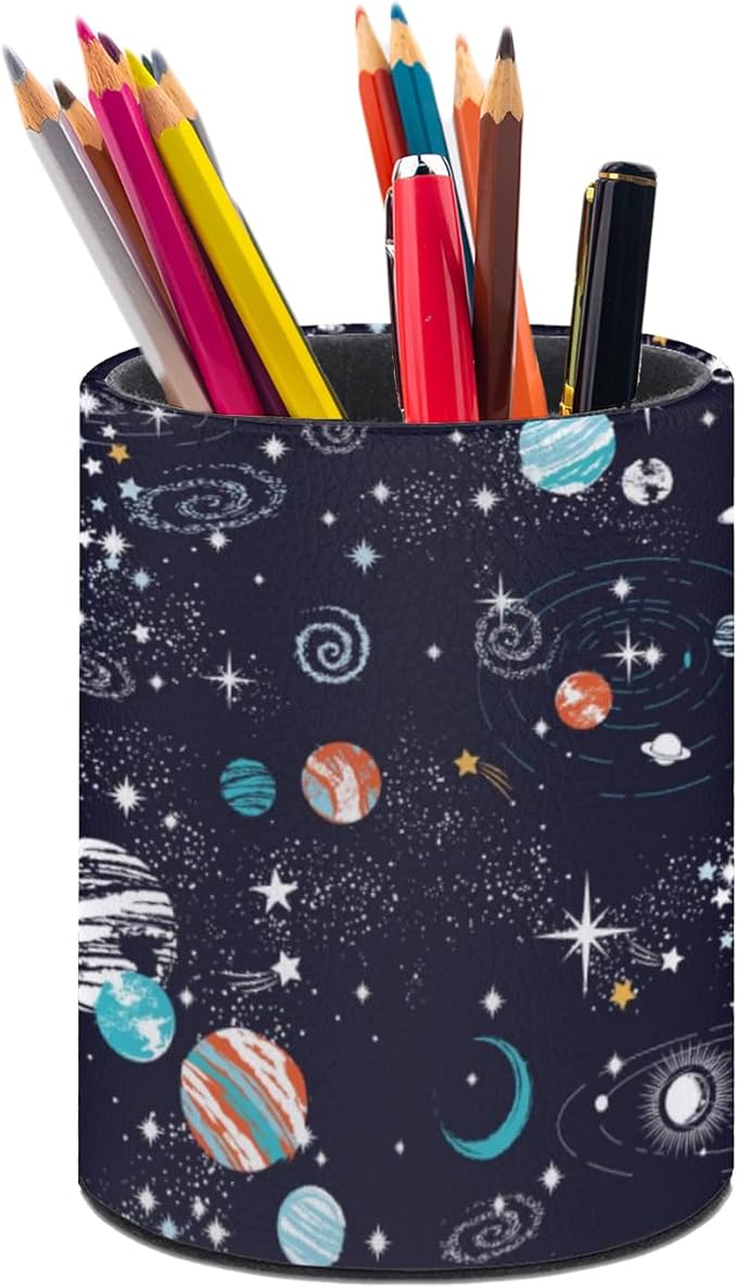 Galaxy Space Planets Pen Holder Pencil Organizer Cute Pencil Cup Desk Decor Makeup Brush Holder PU Multifunctional Office Suppliesfor Home Classroom School