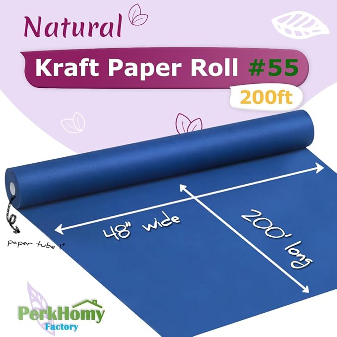 PerkHomy 48" x 2,400" (200') Blue Kraft Paper Roll for Craft Bulletin Board Paper Art Table Covering Crafting Gift Wrapping Bouquet Packing Parcel 80GSM 55LB (Blue, 48" x 200')