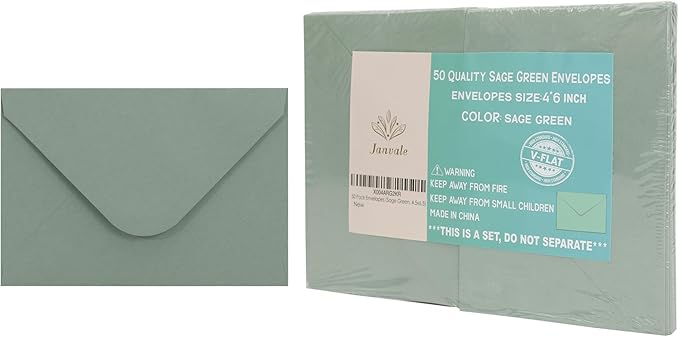 Sage Green Envelopes 4 x 6 Inch, 50 Pack, A4 Size Blank 4 1/4” X 6 1/4”, 120gsm V-flap Water Gummed Thick Paper Made for Invitations, Wedding, Birthday, Personalize Gift, Postcard Envelopes